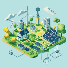 3D Isometric Flat Vector Conceptual Illustration of Sustainable and Renewable Energy, Innovative Green Technologies, vector style simple color