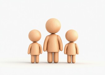 Wooden figures representing a family unit with an adult and two children standing together against a plain background, symbolizing unity and love