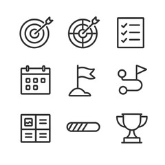 Goal Setting Icons. Outline icon set of goal setting: target, dartboard, checklist, calendar, milestone flag, roadmap, vision