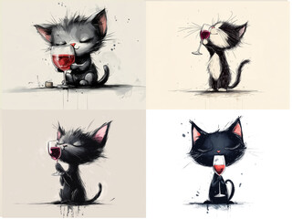 Cute angry animals drinks wine from glass. Black and white pencil drawing of funny animal on white background. Creative animal concept. Isolated on backdrop, commercial. digital art, faceted, minimal