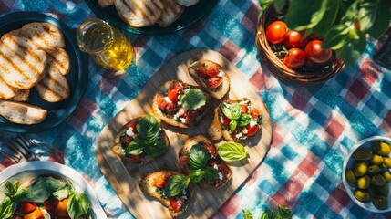 Bruschetta on toasted baguette slices garnished with fresh basil and olive oil served on a colorful picnic tablecloth in an outdoor summer setting