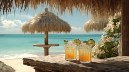 Refreshing beverages served at a beachside bar on a sunny day with thatched umbrellas