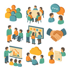 Group Learning Icons. Isometric Flat icon set of group learning environments: group of people, circle table, discussion bubbles,