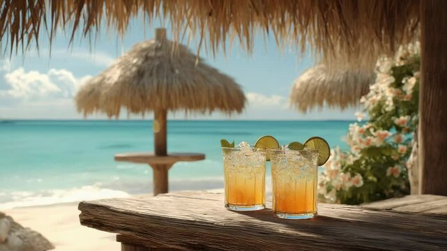 Refreshing beverages served at a beachside bar on a sunny day with thatched umbrellas