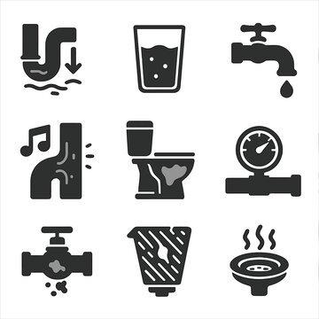 Plumbing Icons Grid. Solid, filled icons set of plumbing and corrosion impact: reduced flow, brown water,