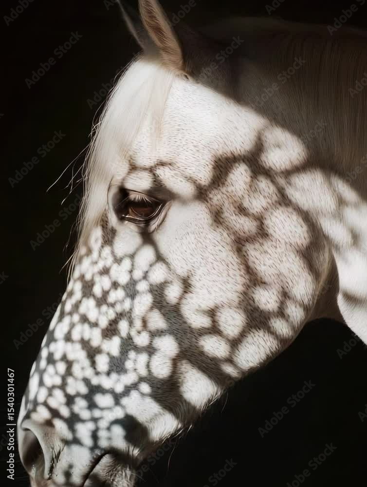 Poster white horse with intricate shadow patterns on its face in soft natural light