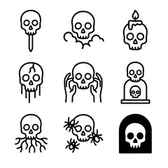 Horror Skulls Icons. Outline icon set of horror scene skulls: skull on stake, skull in fog, skull with candlelight, skull with