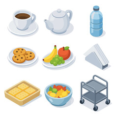 Hospitality Icon Set. Isometric Flat icon set of refreshments and hospitality: coffee cup, tea pot, bottled water, cookie plate,