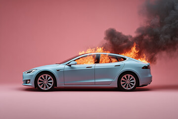 Electric vehicle caught in flames surrounded by vibrant pink backdrop showcasing a dramatic moment of combustion