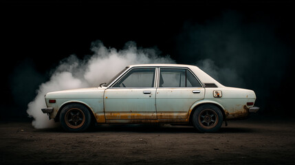 Classic vintage sedan releasing smoke in a dimly lit environment, showcasing its weathered charm and unique character