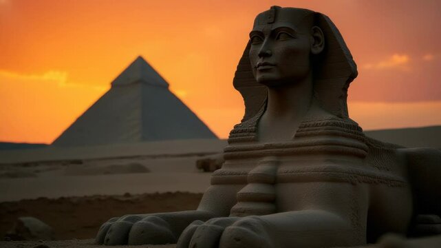 Ancient Egyptian monument with a sphinx guarding the entrance to a pyramid.