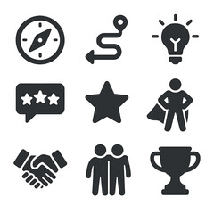 Self-Development Icon Set. Solid, filled icons set of self-development journey: compass, path icon, lightbulb,