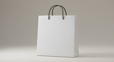 Blank White Shopping Bag with Black Handles on Neutral Background