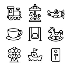 Kiddie Ride Icons. Outline icon set of kiddie rides: mini train engine, kiddie carousel, mini plane, teacup cup, toddler swing,
