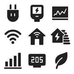Smart Home Energy Icons. Solid, filled icons set of home energy monitoring: smart plug, energy meter, data