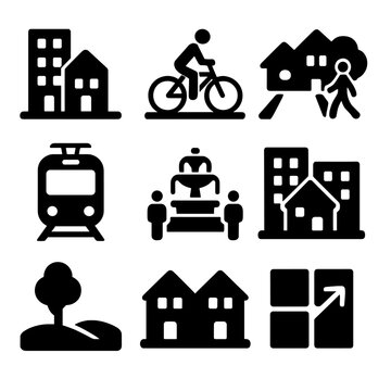 Smart Growth Icons Grid. Solid, filled icons set of smart growth alternatives: mixed-use building, bike lane,