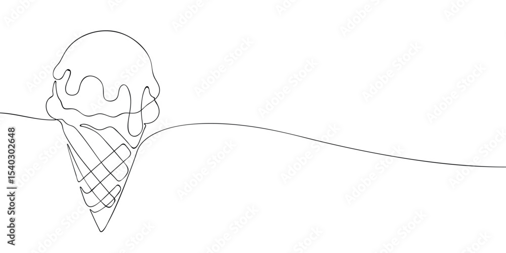 Aufkleber minimalistic continuous line drawing of a dripping ice cream cone with two scoops, ideal for summer 