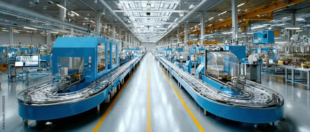 Poster modern factory floor: a high-angle, symmetrical view of a modern factory floor showcasing state-of-t