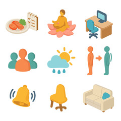 Lifestyle Factors Icons. Isometric Flat icon set of lifestyle factors affecting pain: food plate log, water glass icon, stress