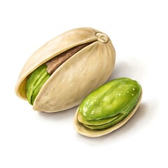 Closeup of pistachios shelled and unshelled isolated on white background
