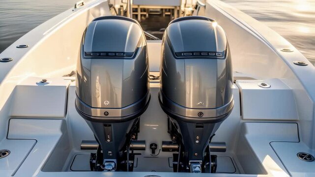 A detailed view of the boats powerful propulsion system showcasing twin outboard motors gleaming in the sunlight emphasizing the vessels ability to quickly respond to emergencies.