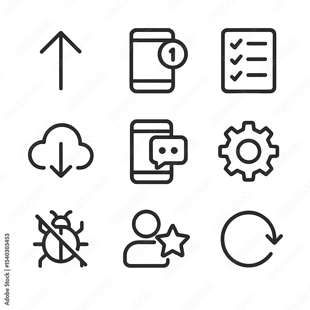 Poster mobile app icon set. outline icon set of mobile app feature updates: update arrow, version number ba