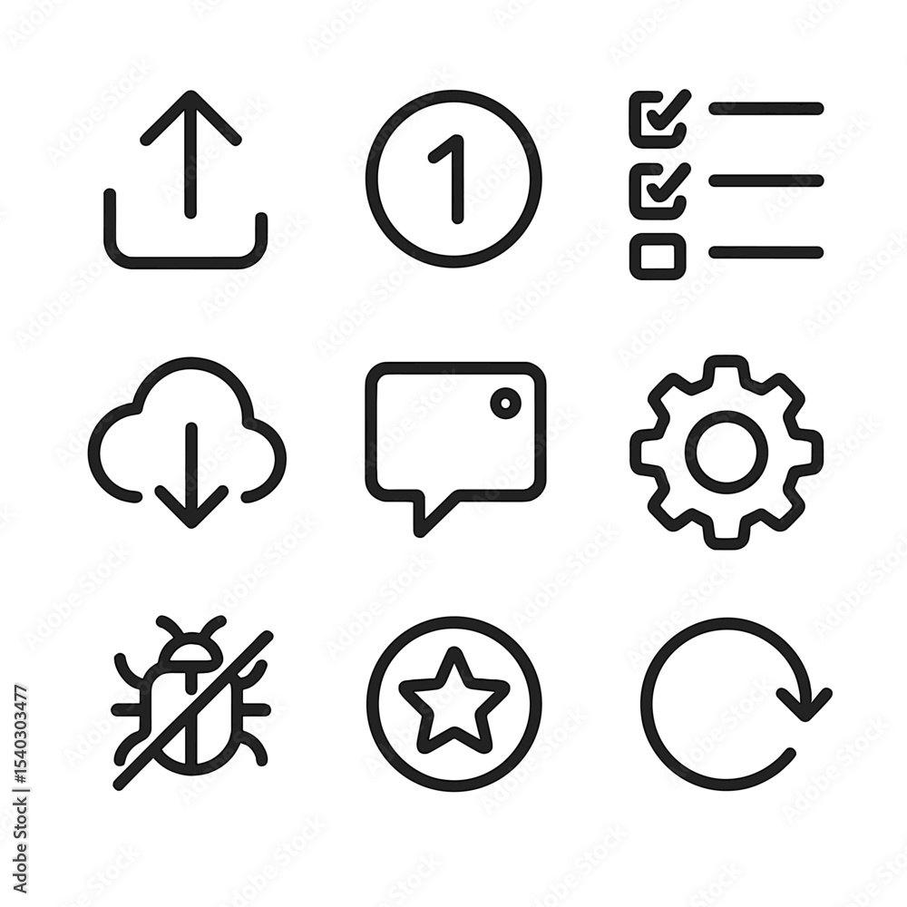 Poster mobile app icon set. outline icon set of mobile app feature updates: update arrow, version number ba