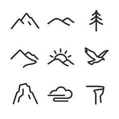 Mountain Icons Collection. Outline icon set of mountain horizon: peak range, ridge line, pine silhouette, valley outline, sun