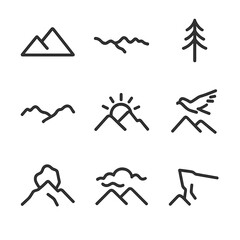 Mountain Icons Collection. Outline icon set of mountain horizon: peak range, ridge line, pine silhouette, valley outline, sun