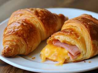 Delicious croissants with melted cheese and ham filling a white plate