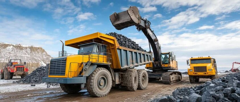 Mining operations: An excavators loading the rocks into a yellow dumper truck at a rock quarry, conveying the raw power of industry and the transformation of natural resources.