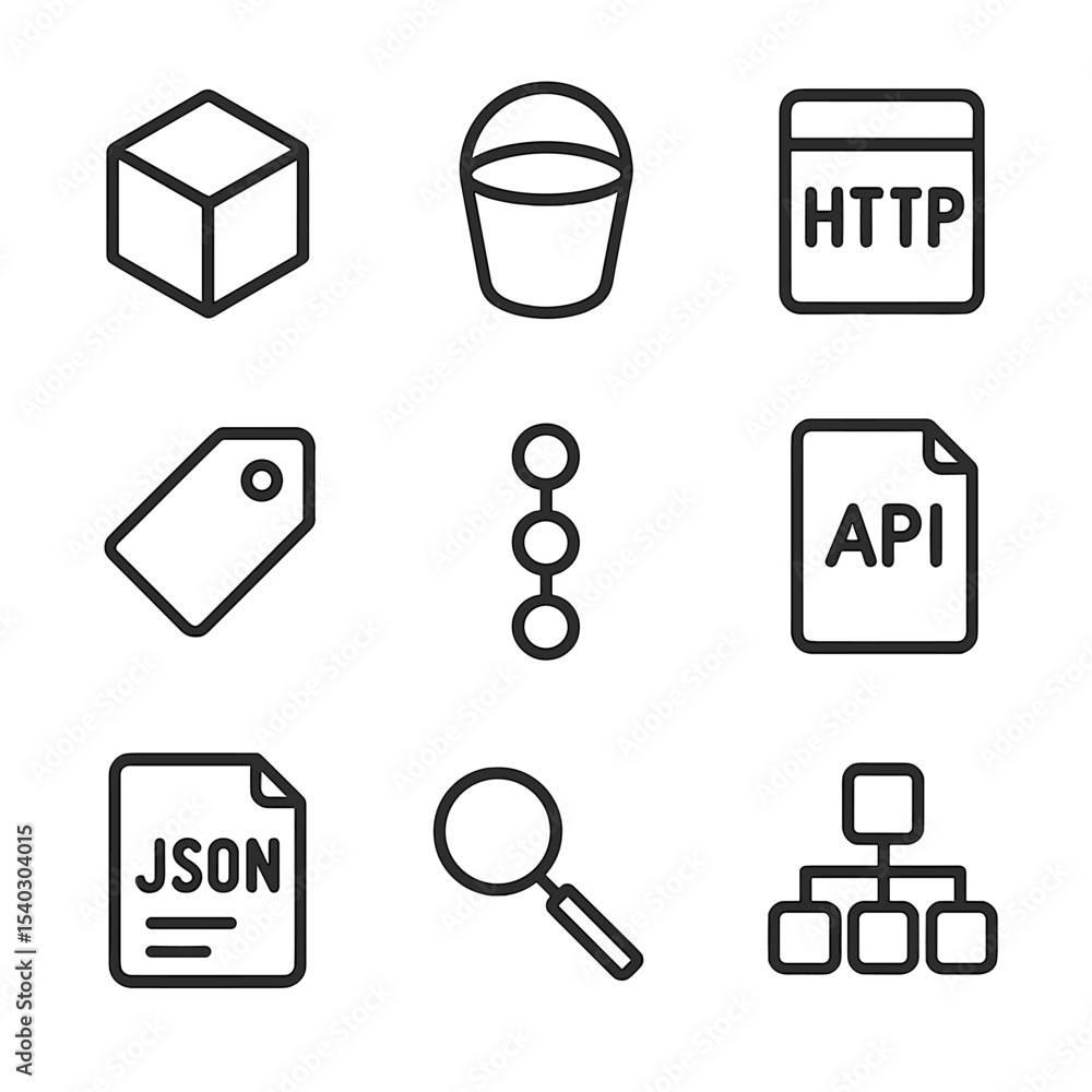 Poster object storage icons. outline icon set of object storage: object node, bucket, http request, metadat