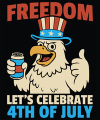 Cartoon eagle wearing patriotic hat holding beer isolated on transparent