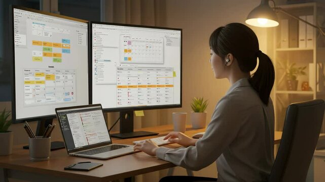 Working from home with multiple screens for productivity during evening hours