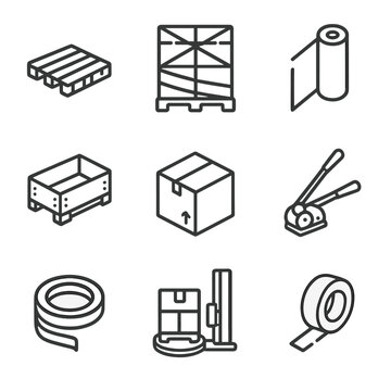 Packaging Icon Set. Outline icon set of palletizing and packaging: wooden pallet, shrink wrap, stretch film roll, pallet collar,