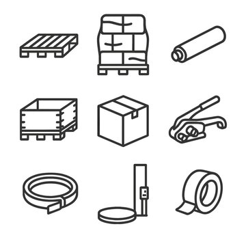 Packaging Icon Set. Outline icon set of palletizing and packaging: wooden pallet, shrink wrap, stretch film roll, pallet collar,