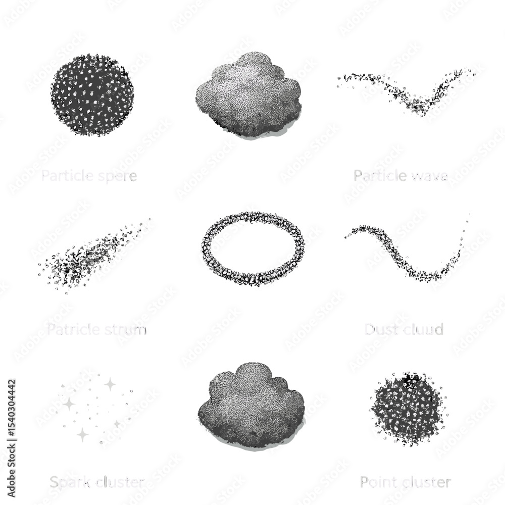 Poster isometric particle icons. isometric flat icon set of particle effects: particle sphere, particle clo