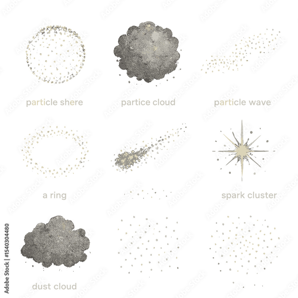 Poster isometric particle icons. isometric flat icon set of particle effects: particle sphere, particle clo