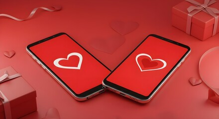 Smartphone, Phones, Mobile, Two Smartphones Displaying Hearts on Red Background with Gifts