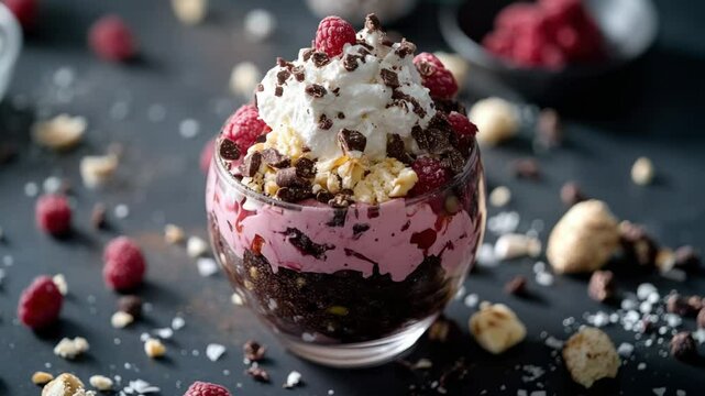 Sweet treat with chocolate, raspberries, and whipped cream for a special occasion or just a indulgent snack.