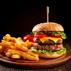 Indulge in a mouthwatering feast featuring juicy burgers stacked high with fresh ingredients, accompanied by crispy golden fries and vibrant tomatoes. This delightful meal is perfect for sharing with 