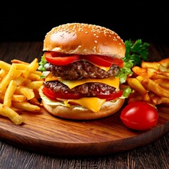 Indulge in a mouthwatering feast featuring juicy burgers stacked high with fresh ingredients, accompanied by crispy golden fries and vibrant tomatoes. This delightful meal is perfect for sharing with 