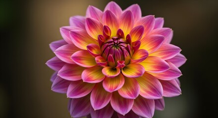 Obraz premium Dahlia, Flower, Bloom, Vibrant Pink and Yellow Dahlia Flower Close-Up
