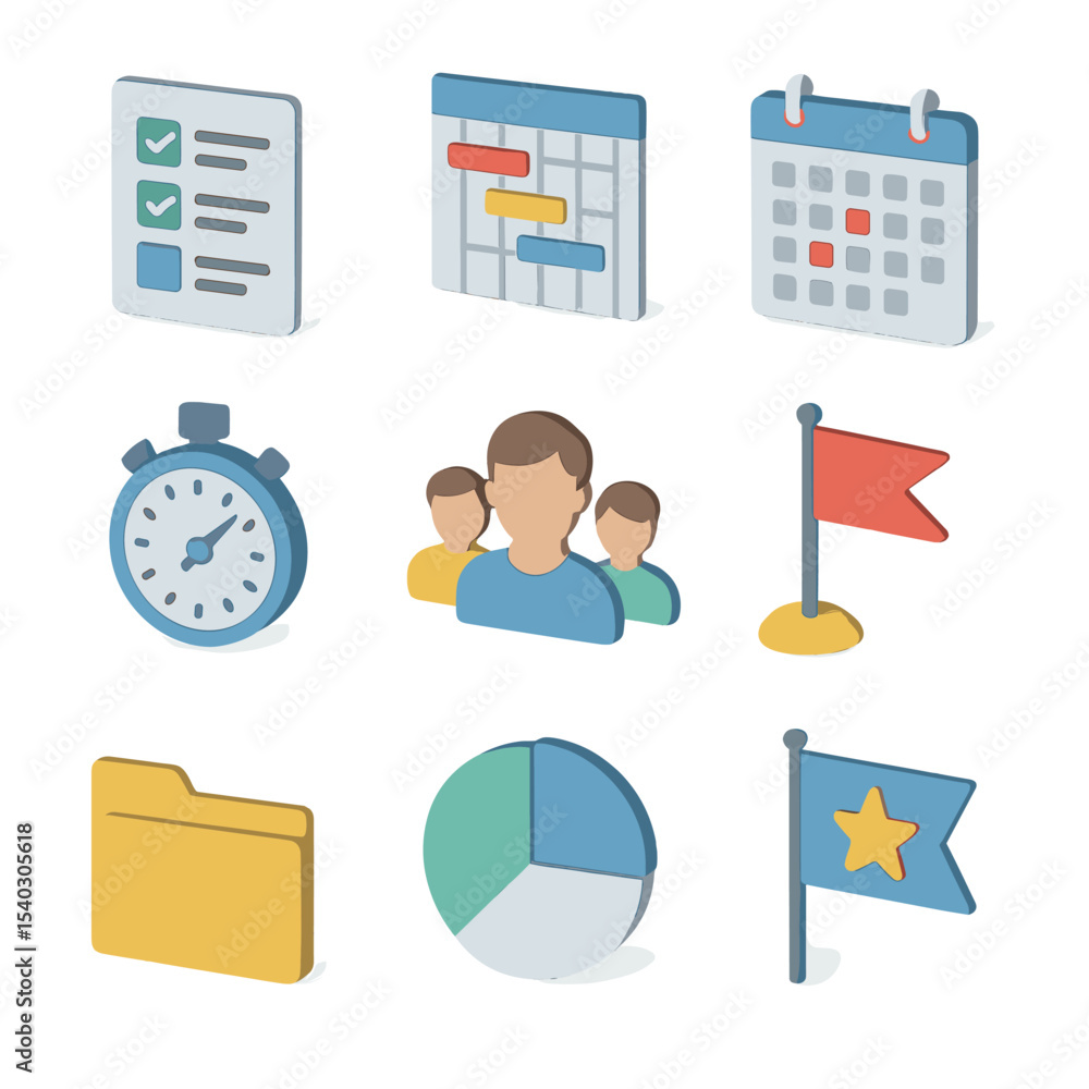 Aufkleber project management icons. isometric flat icon set of project management tools: task list, gantt char