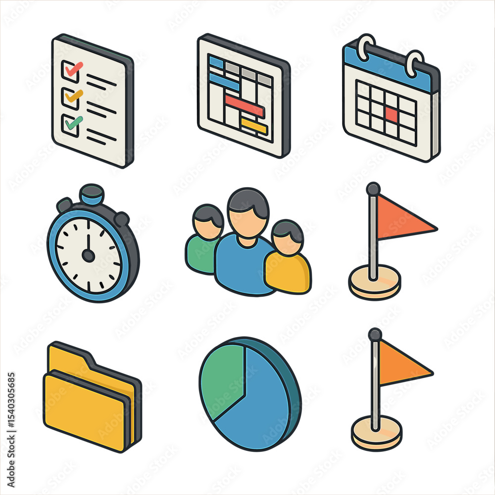 Aufkleber project management icons. isometric flat icon set of project management tools: task list, gantt char