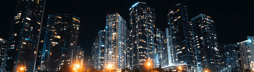 Fototapeta premium A cityscape at night with illuminated skyscrapers
