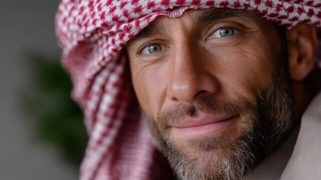 Man wearing traditional attire with a captivating smile showcasing cultural heritage in a contemporary setting