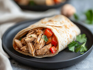 Chicken wrap presenting shredded chicken, red peppers and herbs on black plate