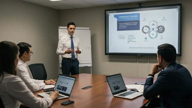 Group participates in compliance training session in a conference room with presentation on screen