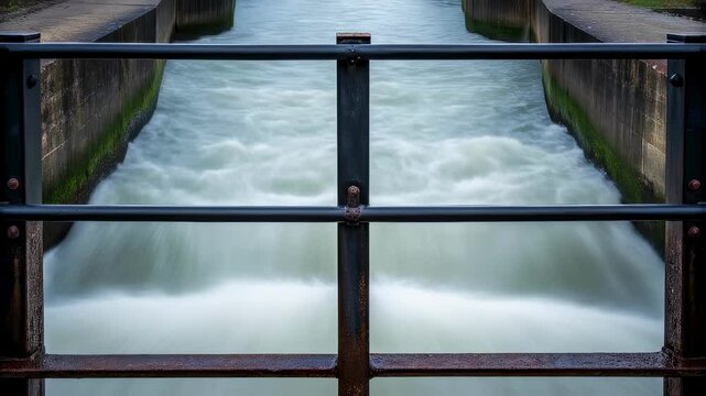 A medium closeup focusing on the view through a partially od diversion gate revealing turbulent water upstream contrasted with calmer waters downstream.